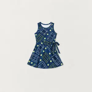 Youth Tie-Front Tennis Dress with Court Lines with all-over court lines and tiny tennis balls in lime, white and navy
