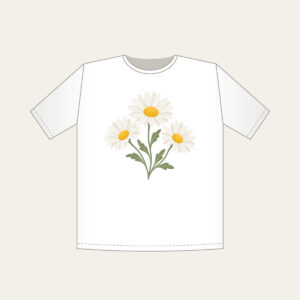 Chain of Three Daisies T-Shirt in white: Three daisies in white and butter yellow link along a single sage stem.