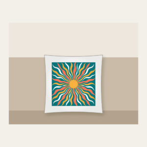 Sunrise Lines in Coral and Gold on Teal Pillow in white: All-over sunrise lines in coral, gold and white on a teal ground.