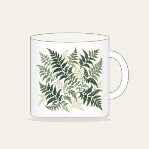 Fern Lattice Mug in white: Fern fronds interlaced into a lattice in sage, forest green and cream.