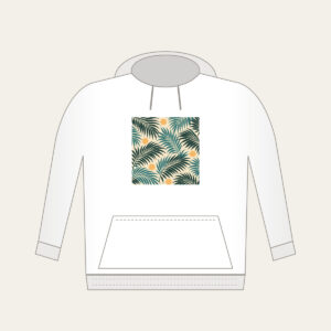 Palm Frond Shadows on Sand Hoodie in white: A repeat of palm frond shadows in teal and deep green on a sandy cream base, with small sun circles.