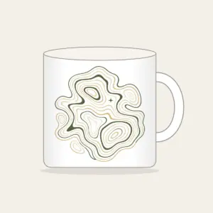 Moss and Sand Contour Map Lines Mug in white: Flowing contour lines in moss, sand and cream, with a single tiny star tucked among them.