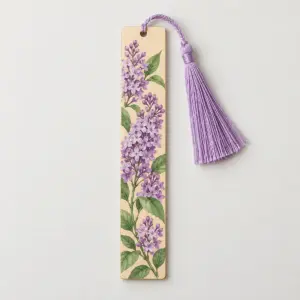 Lilac Sprig Wooden Bookmark with flat printed lilac blossoms and leaves along the wooden bookmark with lilac tassel