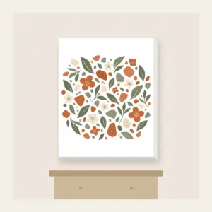 Garden Terrazzo of Leaves and Blossoms Canvas Print in white: An all-over terrazzo of leaves, pebbles and blossoms in terracotta, sage and cream.