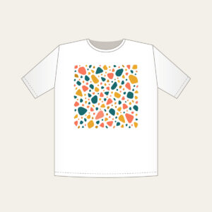 Coral, Teal and Mustard Terrazzo Pebbles T-Shirt in white: All-over terrazzo pebbles in coral, teal and mustard on a cream ground with clear breathing room.