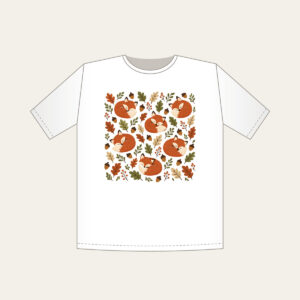 Curled Foxes, Acorns and Leaves T-Shirt in white: Curled-up foxes, acorns and leaves repeat in rust, cream and moss.