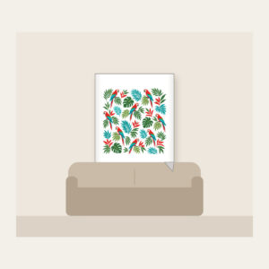 Parrots and Palm Leaves Repeat Fleece Blanket in white: Small parrots and palm leaves repeat in red, turquoise and green on cream.