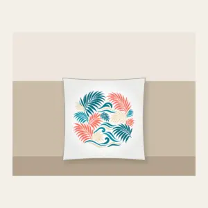 Palm Fronds and Wave Lines Pillow in white: Palm fronds and flowing wave lines in teal, coral and cream.