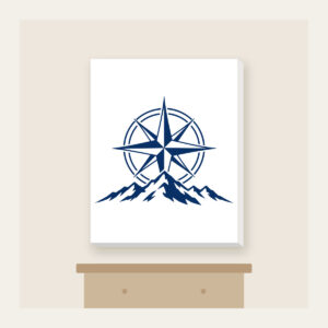Compass Rose over a Ridge Line Canvas Print in white: A compass rose rests over a simple ridge line in navy and white.