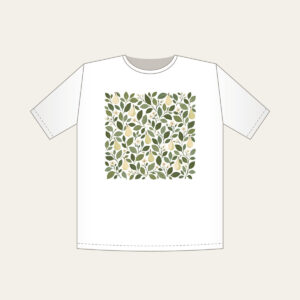 Pear and Leaf Mosaic T-Shirt in white: Leaves and tiny pears form a mosaic in sage, olive and cream.
