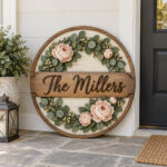 Round layered wooden sign with eucalyptus and peony wreath reading The Millers
