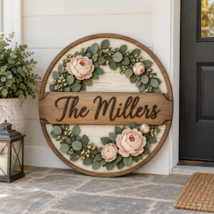 Round layered wooden sign with eucalyptus and peony wreath reading The Millers