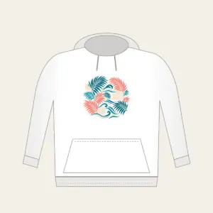 Palm Fronds and Wave Lines Hoodie in white: Palm fronds and flowing wave lines in teal, coral and cream.