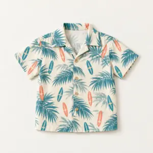 Palm Shadow Youth Camp Shirt with all-over print of palm-leaf shadows and tiny surfboards in teal and coral on cream