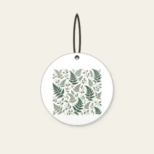 Fern and Berry Repeat Ceramic Ornament in white: A repeat of ferns and tiny berries in sage, deep green and cream.