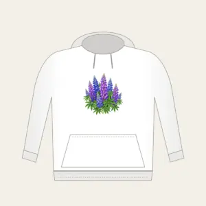 Lupine Spikes in Violet and Blue Hoodie in white: Tall lupine spikes in violet and blue rise among green leaves.