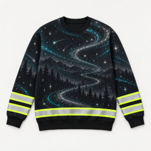 Night Trail Reflective Sweatshirt with all-over night trail of stars and path lines in charcoal, silver and teal