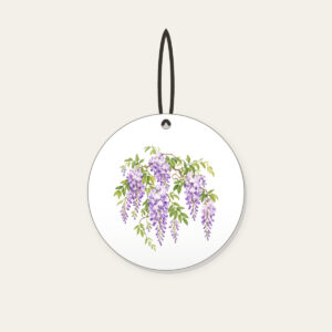 Cascading Wisteria Blossoms Ceramic Ornament in white: Lilac wisteria blossoms cascade across a pale ground, threaded with fresh green leaves.