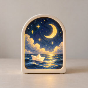 Moon Window Night Light Box with a rounded-window scene with a crescent moon, a paper boat on gentle waves and a handful of stars in deep blue and warm yellow