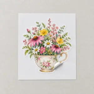 Teacup Garden Sticker with a teacup overflowing with wildflowers in pink, yellow and green on a white kiss-cut outline
