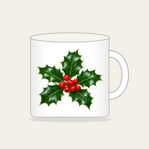 Holly Sprig with Red Berries Mug in white: A holly sprig with glossy leaves and bright red berries stands out on a deep green background.
