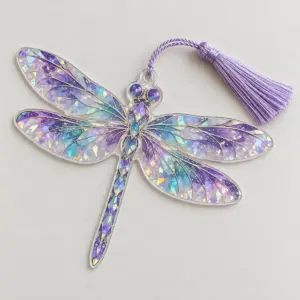 Lilac Dragonfly Hologram Bookmark with a dragonfly-shaped bookmark with prismatic broken-glass shimmer, printed wings in violet, teal and silver