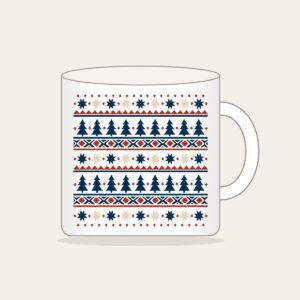 Alpine Star and Pine Border Bands Mug in white: Bands of stars and pine trees in cream, rust and navy, repeating like an alpine border.