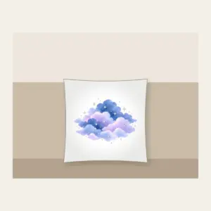 Dusk Clouds with Tiny Silver Stars Pillow in white: Gentle clouds in dusk blue and lilac are dotted with tiny silver stars.
