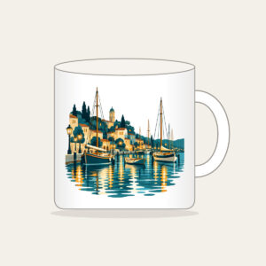 Harbour Lanterns and Masts Mug in white: Harbour lanterns, masts and ripples in teal, amber and cream.