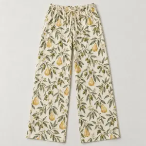 Women's loose pajama pants printed with sage olive branches and tiny pears