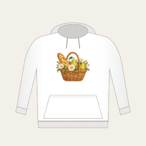 Baguette and Pear Basket Hoodie in white: A woven basket holds a baguette, two pears and white daisies in warm tan, green and cream.