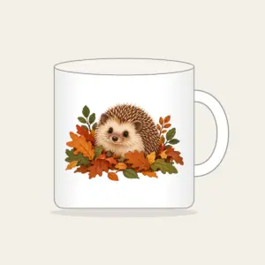 Hedgehog Among Fallen Leaves Mug in white: A small hedgehog wanders among fallen leaves in brown, rust and green.