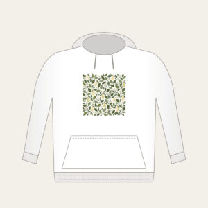 Pear and Leaf Mosaic Hoodie in white: Leaves and tiny pears form a mosaic in sage, olive and cream.