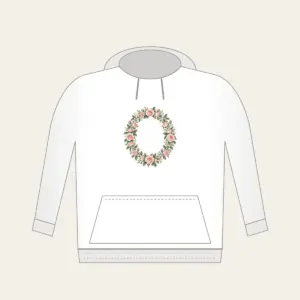 Oval Rose Wreath in Blush and Sage Hoodie in white: An oval wreath of roses and leaves in blush and sage that leaves a quiet open space in the middle.