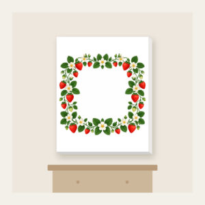 Strawberry and Blossom Border Canvas Print in white: A border of strawberries and blossoms in red, cream and green surrounds a plain center.