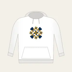 Mustard and Navy Patchwork of Stars Hoodie in white: A patchwork of stars and diamonds in navy, mustard and cream.