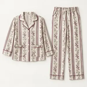 Plum Piping Satin Pajama Set with a pattern of tiny botanical stripes in plum, cream and sage with plum piping