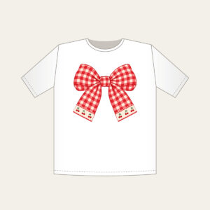 Red Gingham with Cherry Accents T-Shirt in white: Red and cream gingham with tiny cherry motifs.