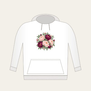 Blush and Plum Peony Garden Hoodie in white: Peonies and leaves in blush, plum and sage fill the artwork edge to edge.