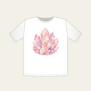 Rose Quartz Crystal Pattern T-Shirt in white: A rose quartz crystal pattern in blush, lilac and white with fine gold lines.