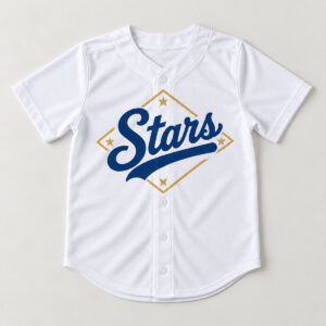 Youth crop baseball jersey printed with a gold diamond and the word Stars