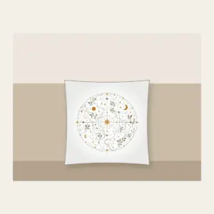 Map Lines with Blooms and Stars Pillow in white: Winding map lines carry small blooms and stars in sage, cream and ochre.
