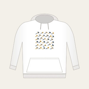 Trout Flies in Diagonal Rows Hoodie in white: Tiny trout flies lined up in diagonal rows in navy, gold and cream.
