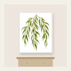 Weeping Willow Branches with Dewdrops Canvas Print in white: Weeping willow branches in green and gold carry tiny dewdrops and small leaf pendants.