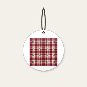 Burgundy Tartan with Leaf Sprigs Ceramic Ornament in white: Burgundy and cream tartan with small leaf sprigs at the intersections.