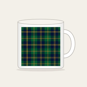 Green and Navy Plaid with Gold Lines Mug in white: A classic plaid of green and navy, finished with fine gold lines.