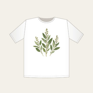 Three Pressed Sage Sprigs T-Shirt in white: Three sage sprigs in cream and pale green with tiny dotted stems, like a page from a pressed-botanical album.