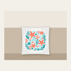 Tide-Pool Starfish Pattern Pillow in white: Starfish, small shells and ripples gather in a tide-pool repeat in coral and teal.