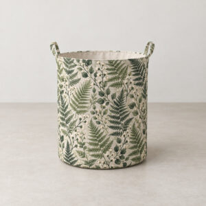 Fern Grove Laundry Basket with a repeat of ferns and tiny berries in sage, deep green and cream, printed around the whole basket body