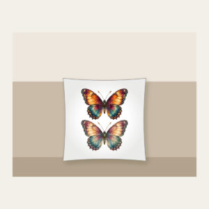 Amber Plum Watercolor Butterfly Pillow in white: A butterfly with watercolor-style wings in amber, plum and teal, traced with delicate vein linework.